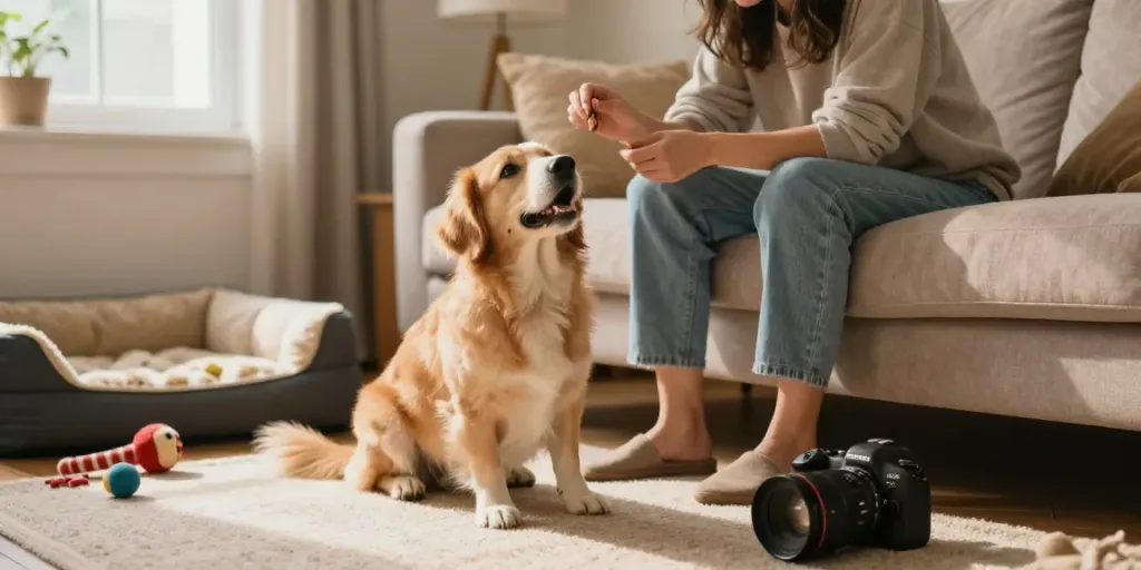 Calming Dog Treats held by owner for a happy dog in a cozy setting.