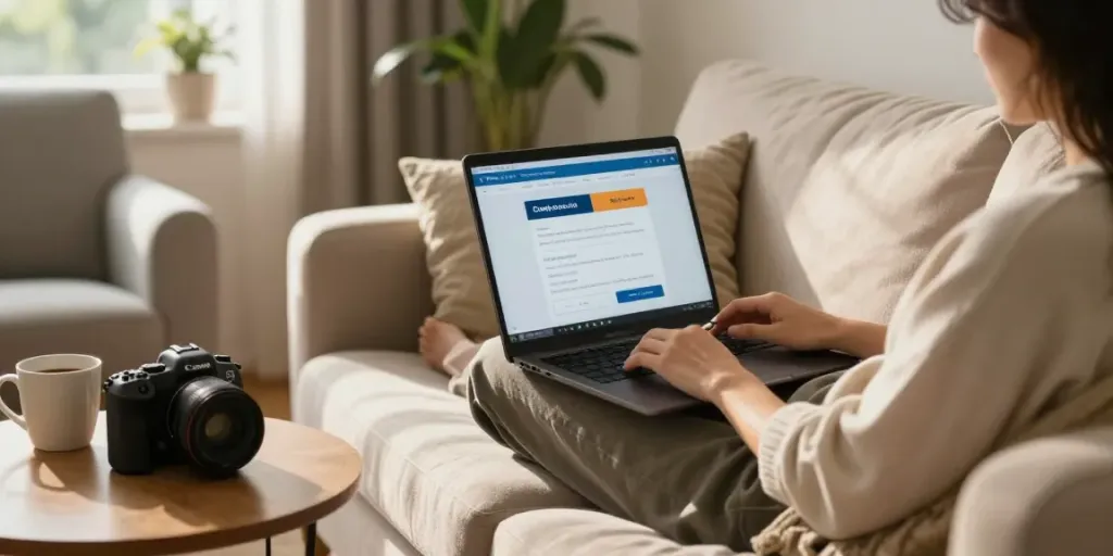 Casual setting showing person browsing cheap cigarettes online Australia on a laptop with warm light.